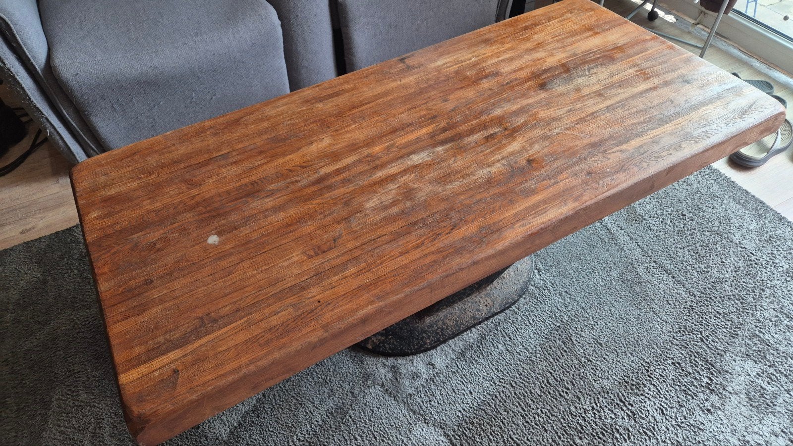 Robuuste houten salontafel met metalen onderstel, Gebruikt, 100 tot 150 cm, 50 tot 100 cm, Industrieel, Vintage