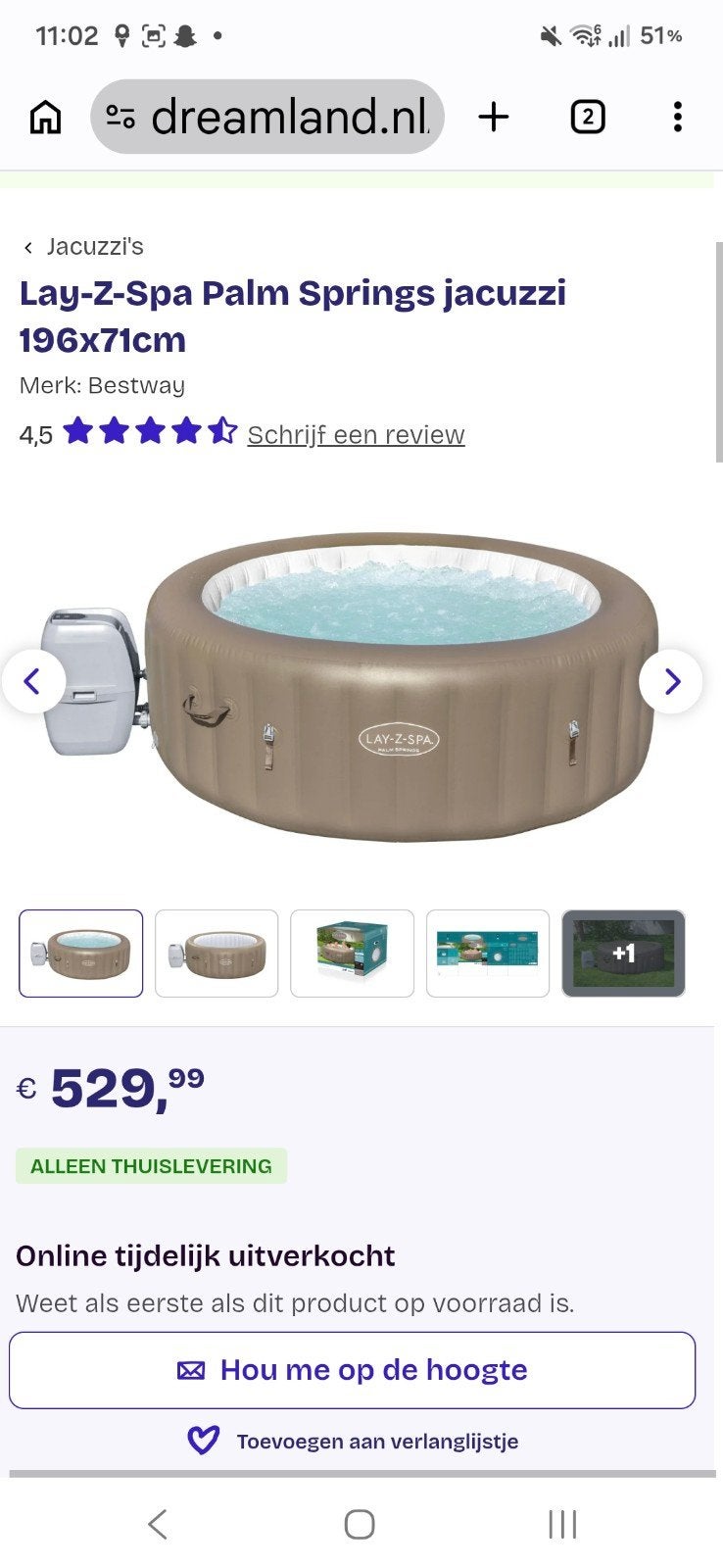 Lay-Z-Spa Palm Springs Jacuzzi 196x71cm Bestway, Minder dan 80 cm, Overige typen, Rond, Ophalen of Verzenden