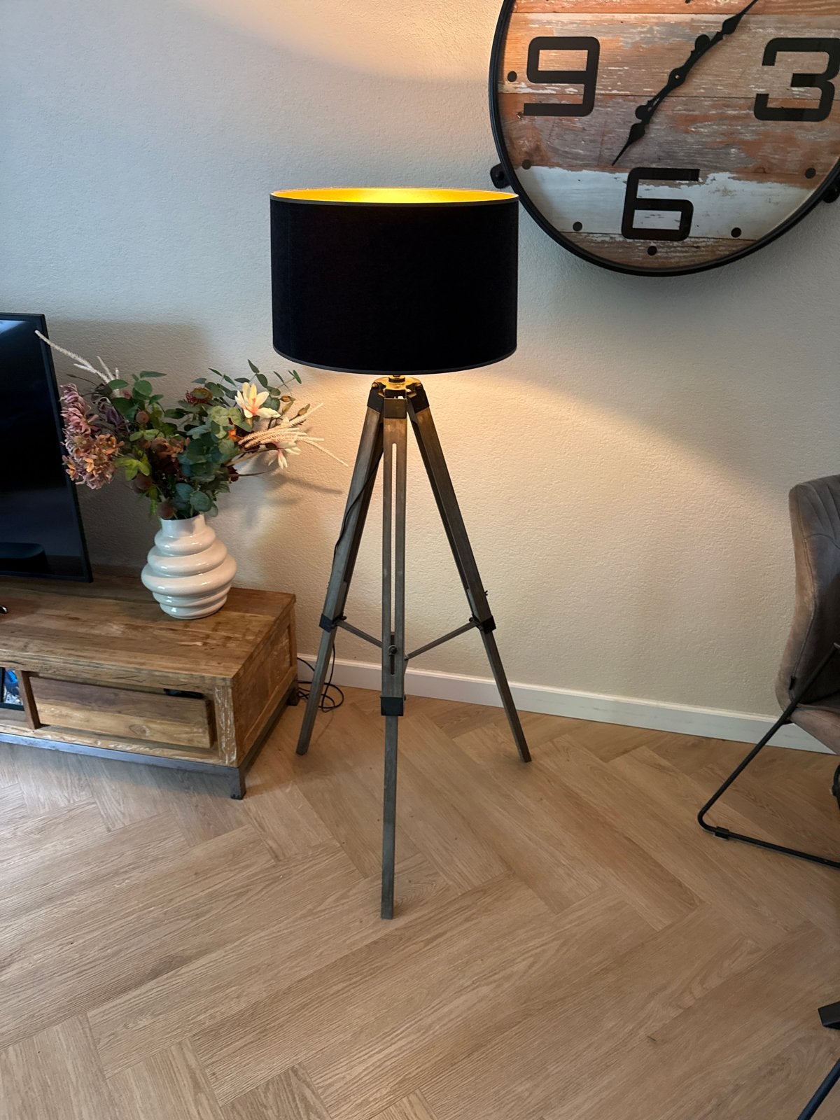 Verstelbare driepoot lamp met nieuwe kap, Ophalen, Gebruikt, Hout, 150 tot 200 cm