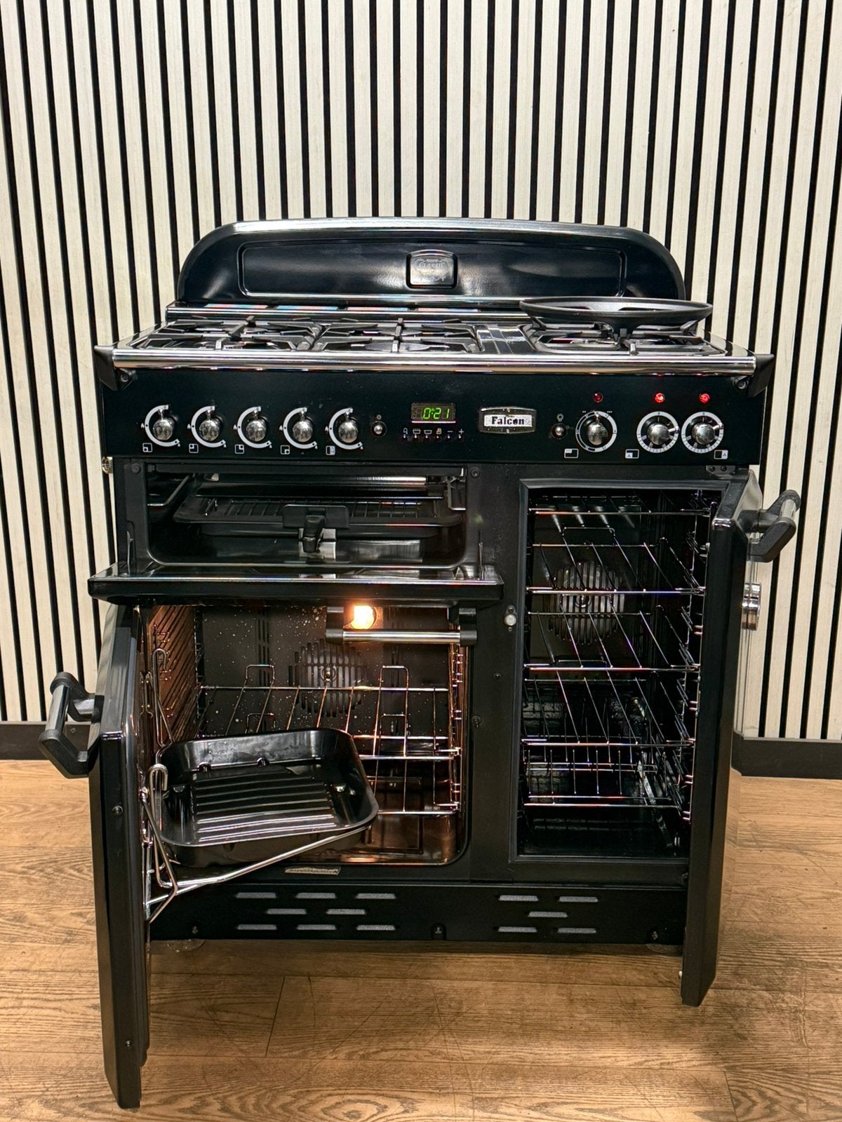 Luxe Falcon Classic 5 pits & 3 ovens zwart/chroom 90 cm, Fornello Esperta, Ophalen of Verzenden, Zo goed als nieuw, Energieklasse A of zuiniger