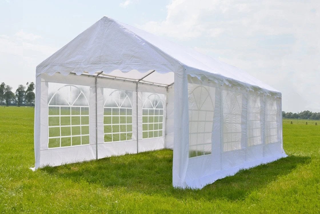 Partytent 4x8m met nieuw dakzeil en nieuwe verbindingen, Ophalen, Partytent, Zo goed als nieuw, 4 tot 6 meter