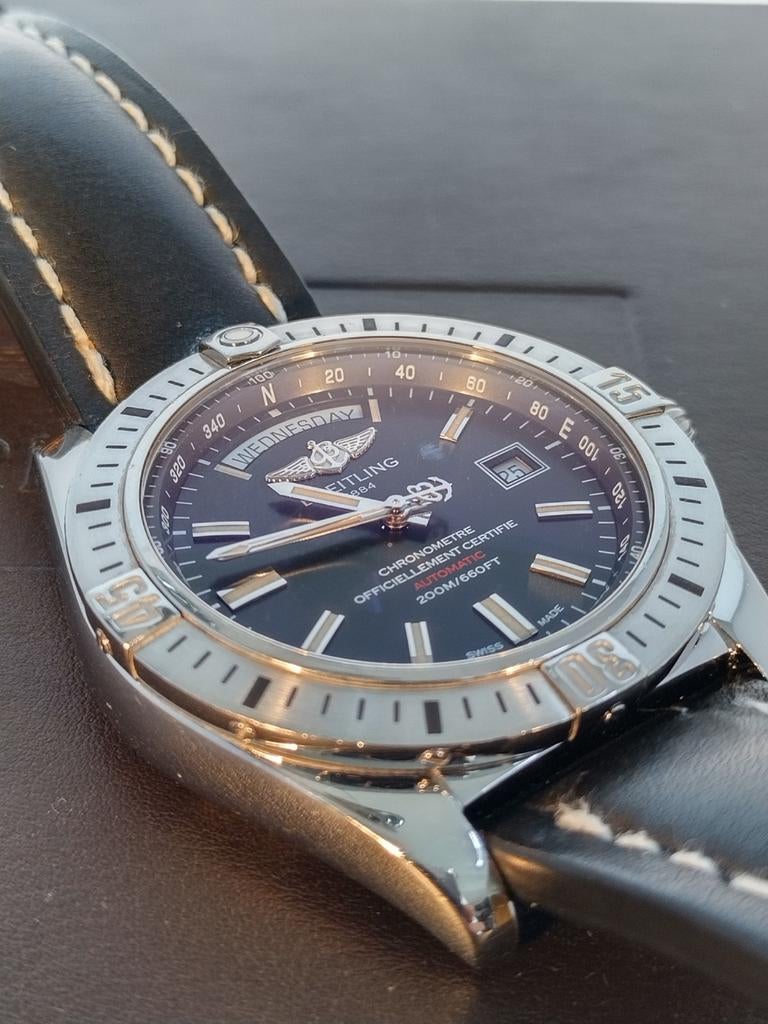 Breitling Galactic 44 Automaat Dag/Datum aanduiding, Sieraden, Tassen en Uiterlijk, Horloges | Heren, Leer, Staal, Breitling, Polshorloge