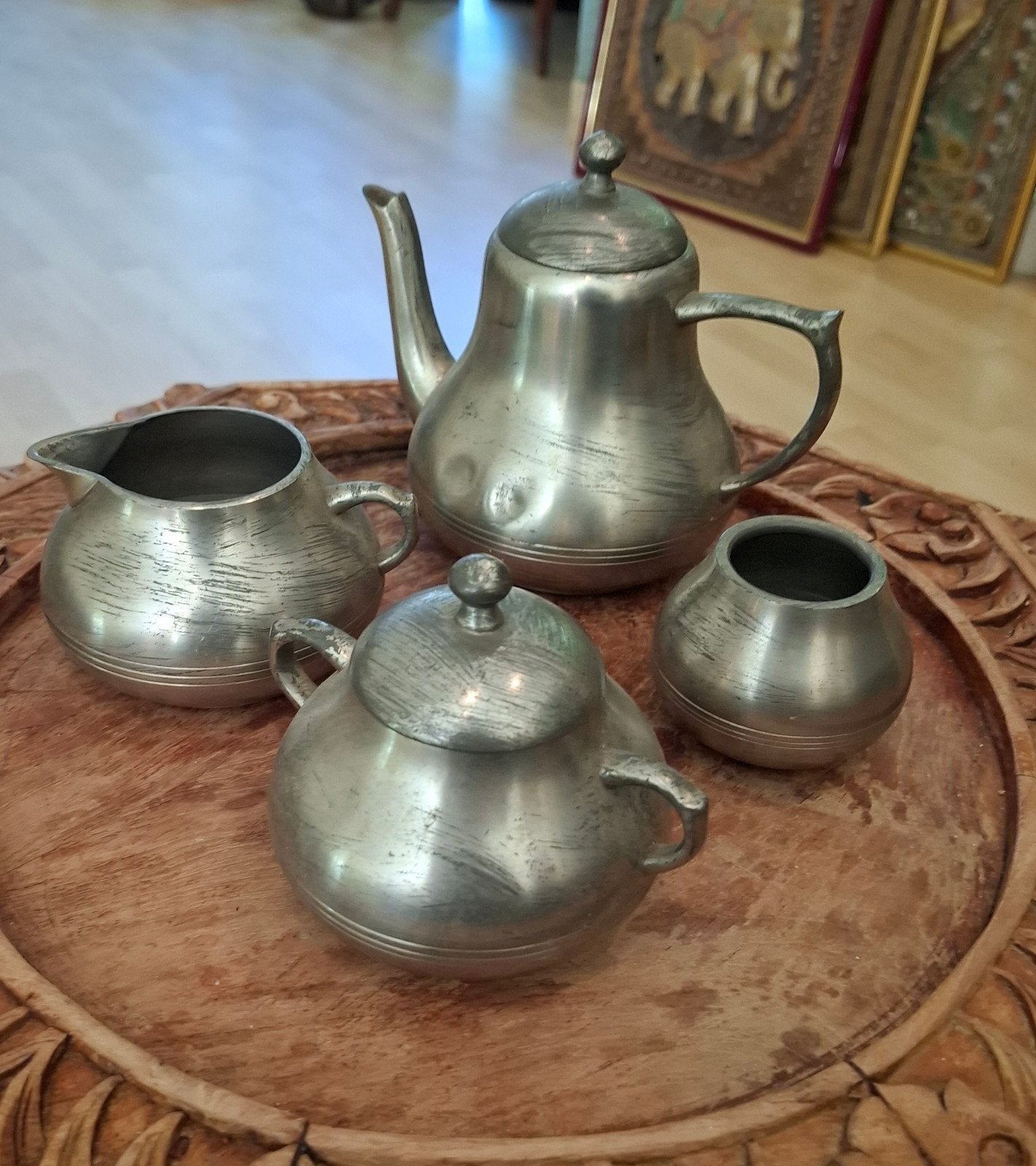 Vintage Tinnen Koffie- en Theeservies (4-delig), Antiek en Kunst, Antiek | Tin, Ophalen
