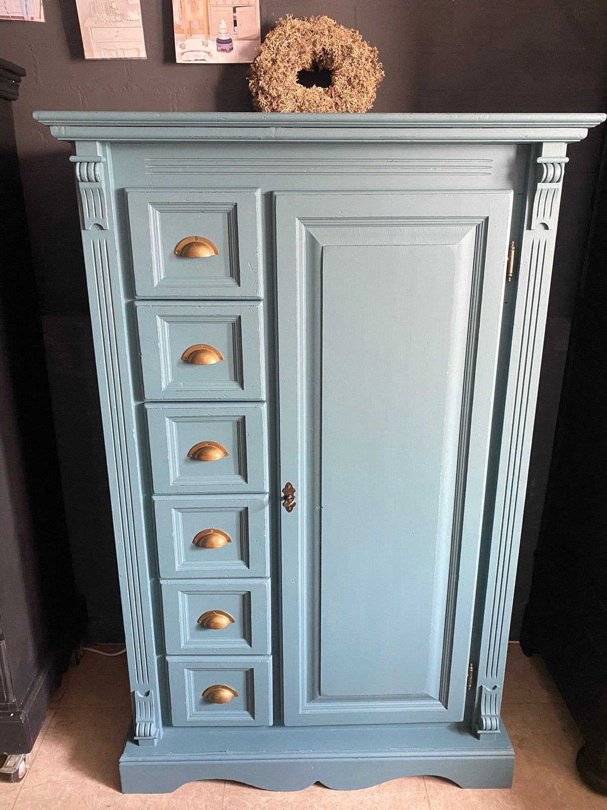 Brocante kast Petrol, 50 tot 70 cm, 105 cm of meer, Ophalen of Verzenden, 100 cm of meer