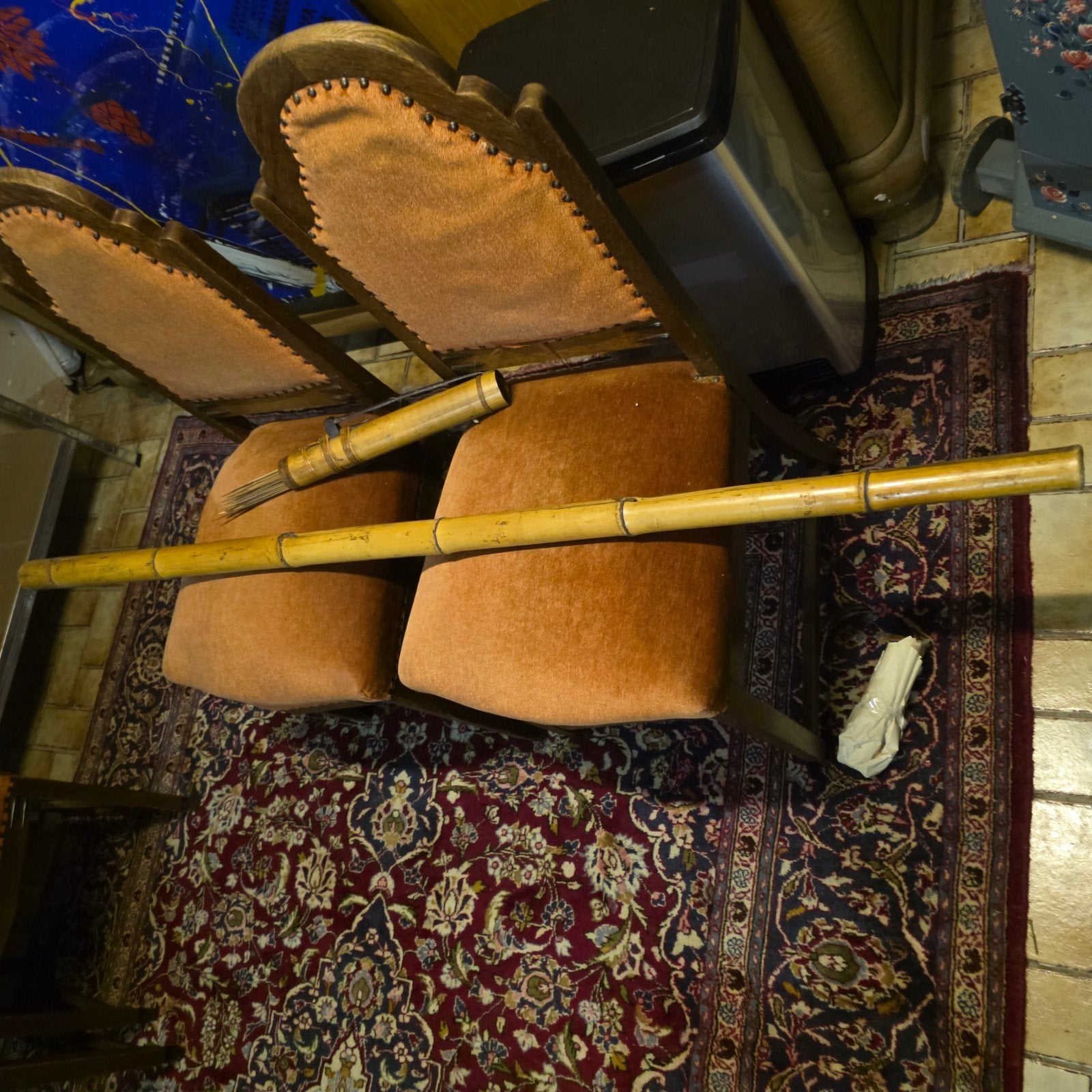 Antieke blaaspijp van bamboe met pijlen, ca. 135 cm, Ophalen of Verzenden
