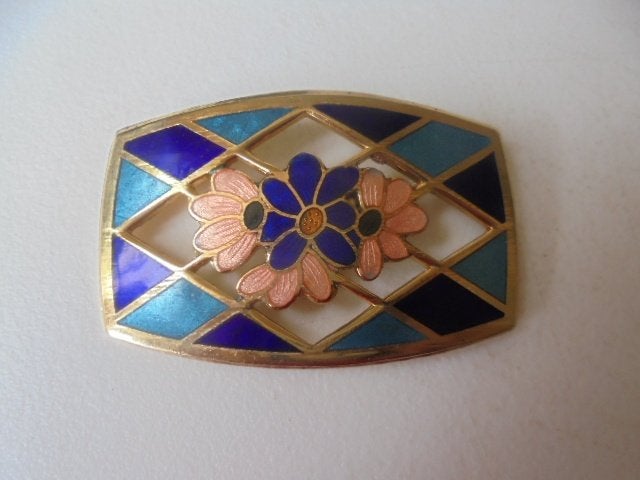 Vintage broche cloisonné bloem, Ophalen of Verzenden, Zo goed als nieuw, 4 tot 7 cm, Overige materialen