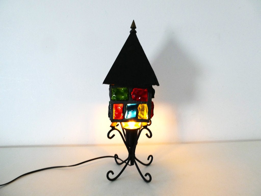 Peter Marsh tafellamp brutalist glas in lood lamp lantaarn, Ophalen of Verzenden