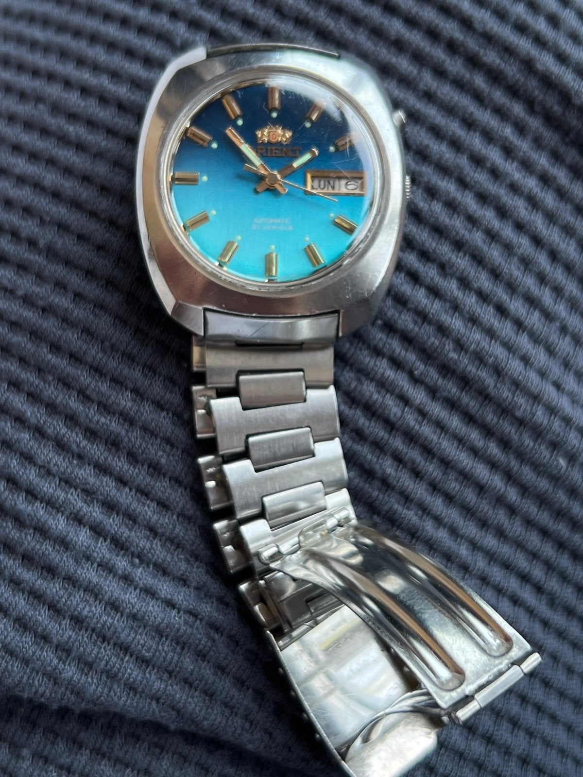 Vintage Orient Automatic 21 Jewels Blauwe en Originele band, Ophalen of Verzenden, Zo goed als nieuw, Staal, Overige merken