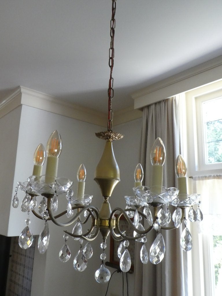 Antieke kroonluchter met glazen pegels, Ophalen, Gebruikt, Glas