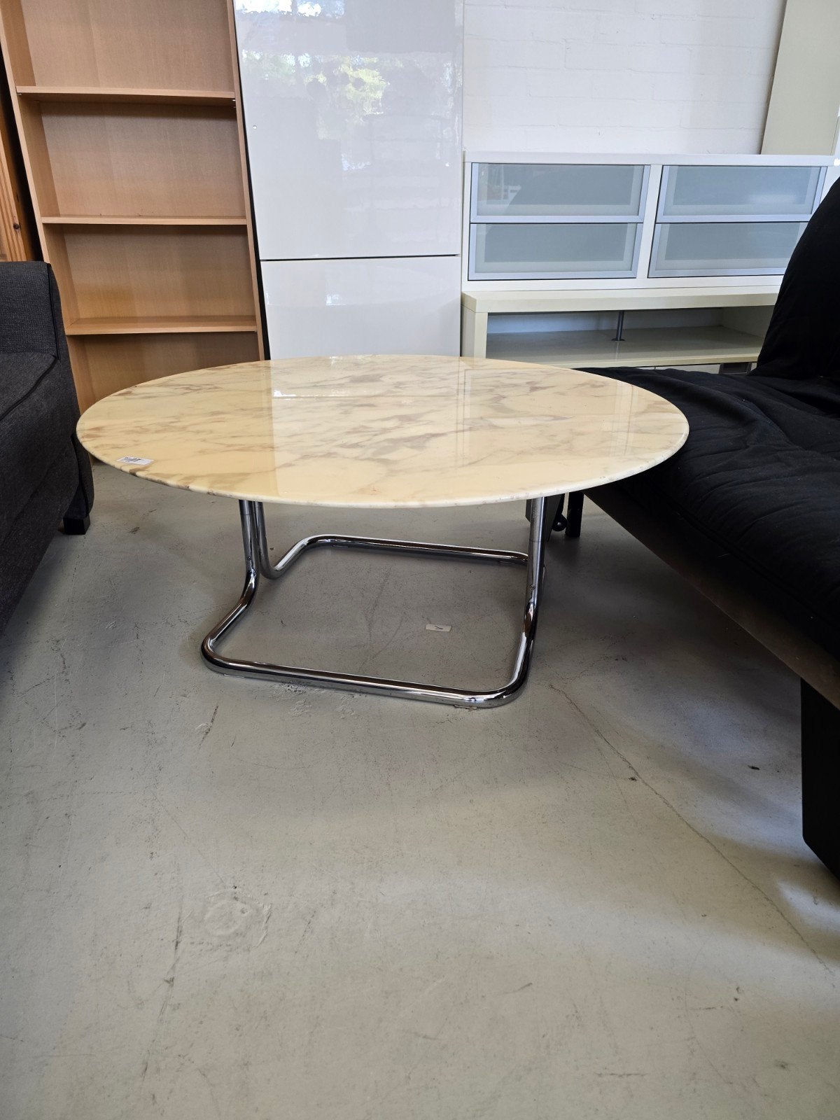Vintage salontafel, chroom marmer blad, rond, goede staat., Ophalen, Gebruikt, Vintage, design,  fifties sixties, Overige materialen
