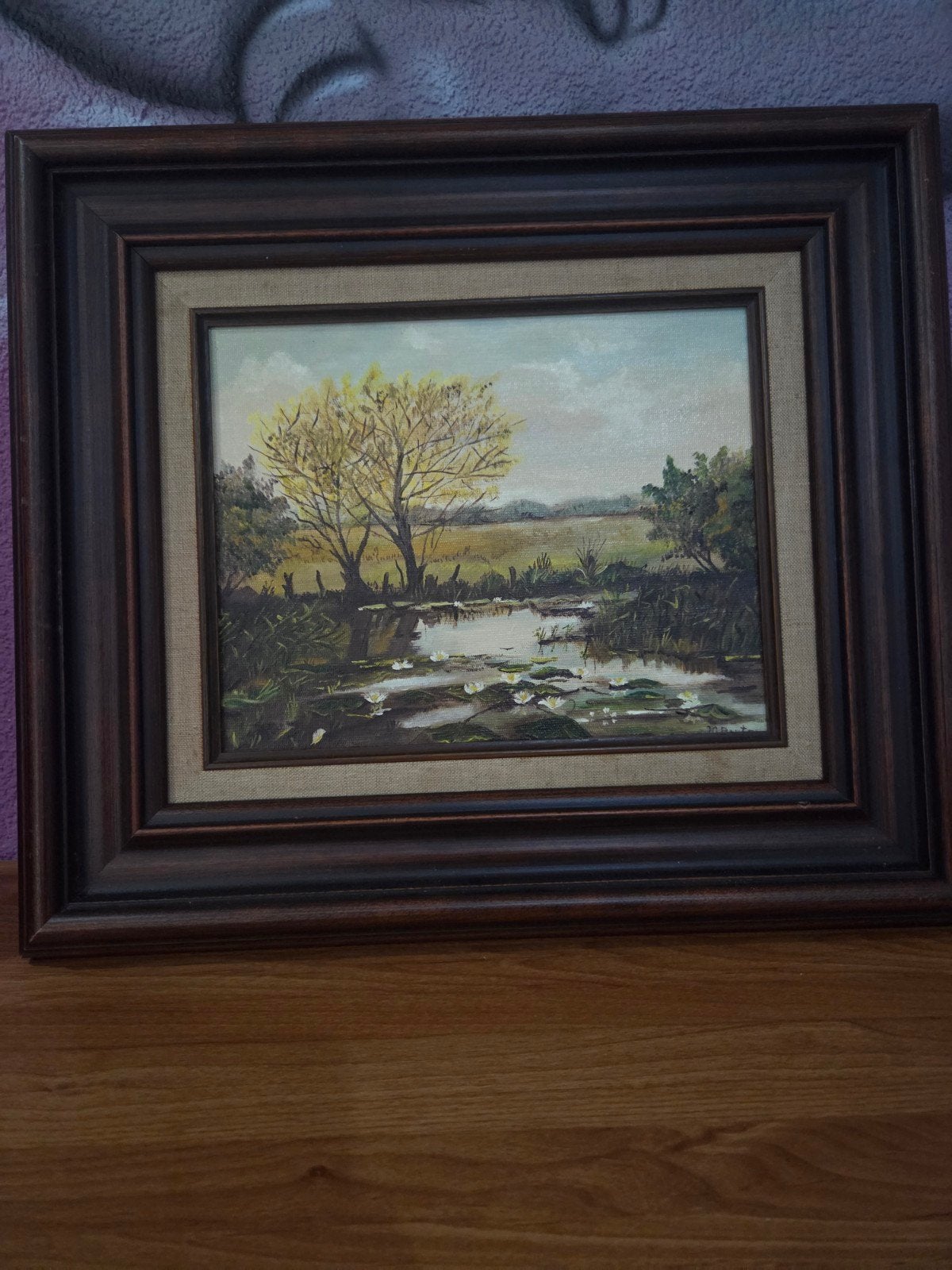 Olieverfschilderij Landschap met waterlelies en boom, Antiek en Kunst, Kunst | Schilderijen | Klassiek, Doek, Realistisch, Origineel werk