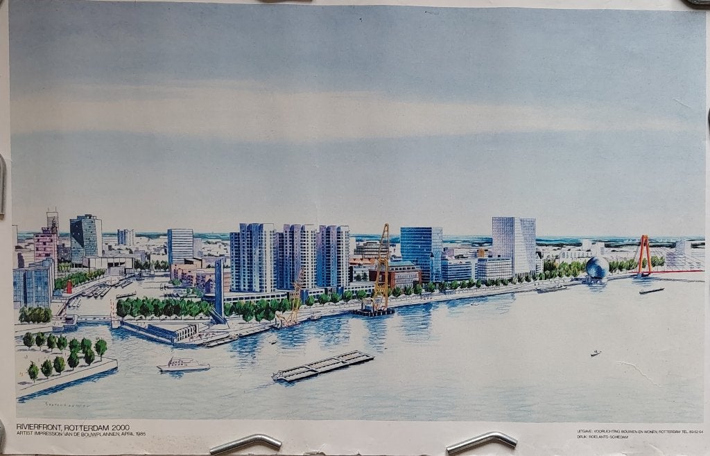 Artist impression rivierfront Rotterdam uit 1985, Verzamelen, Foto's en Prenten, Ophalen of Verzenden, 1980 tot heden, Gebruikt