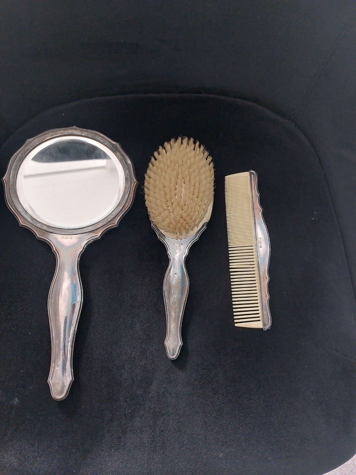 Vintage verzilverde spiegel, borstel en kam set, Ophalen