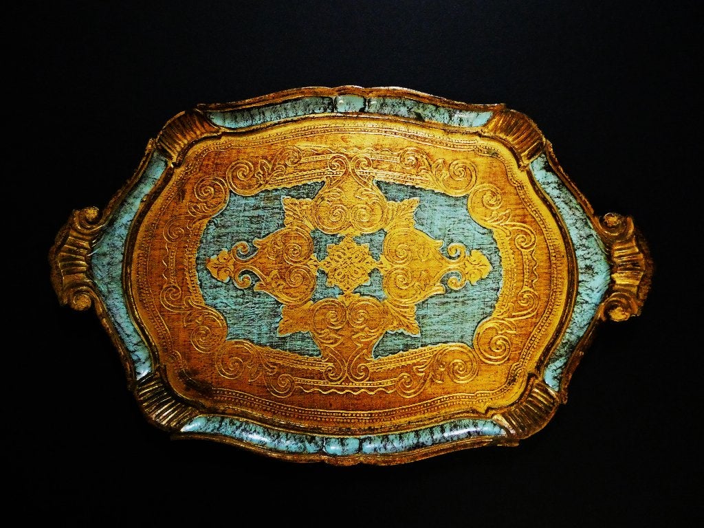 Italiaans dienblad serveerblad goud lichtblauw 58 x 38 cm., Ophalen of Verzenden