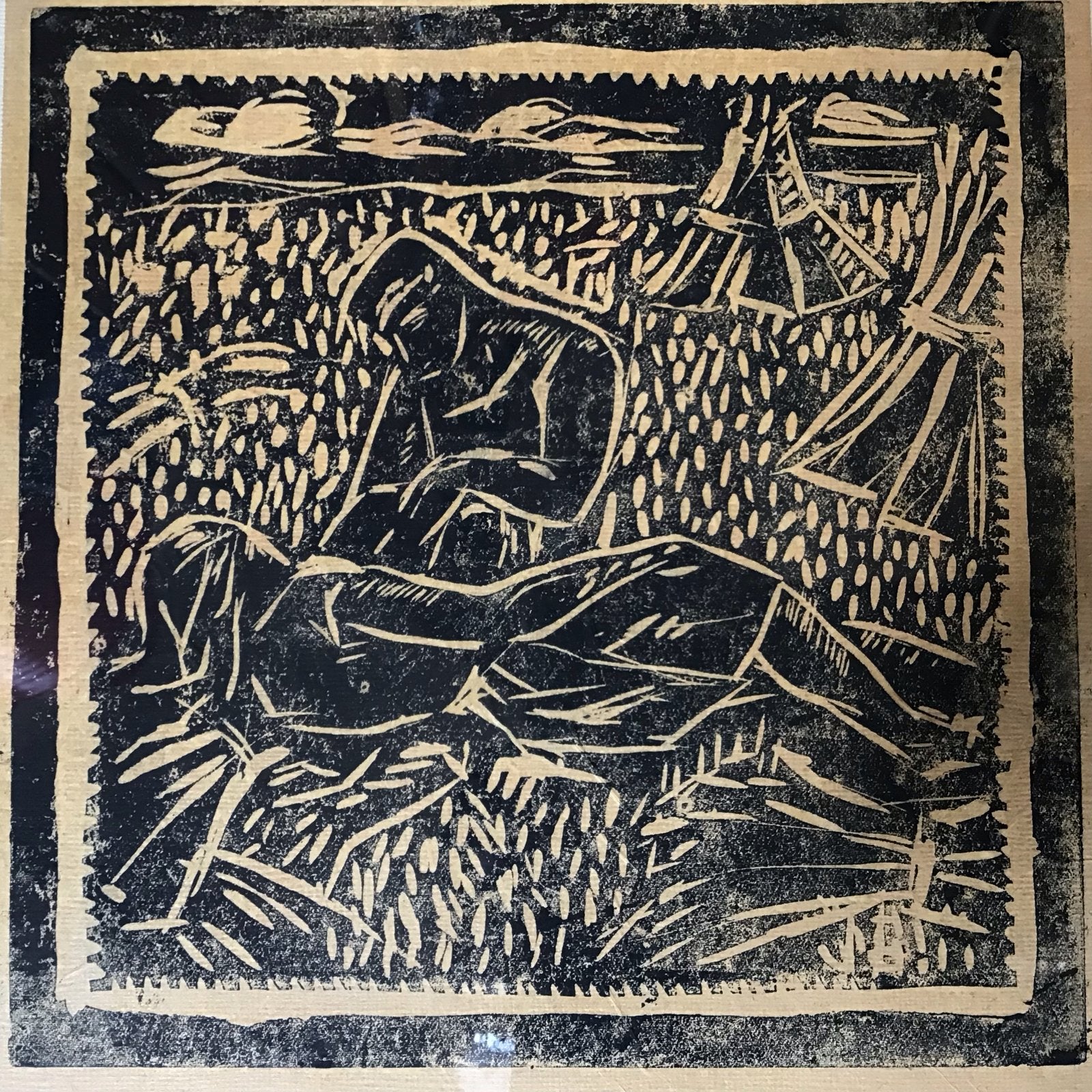 Expressieve houtsnede 'In het stoppelveld' - De Ploeg stijl, Antiek en Kunst, Ophalen of Verzenden, Houtsnede, Gesigneerd, Landschap