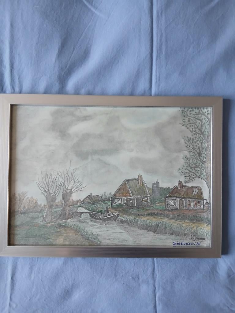 Biesbosch tekening bij Werkendam met aquarel potlood., Ophalen of Verzenden