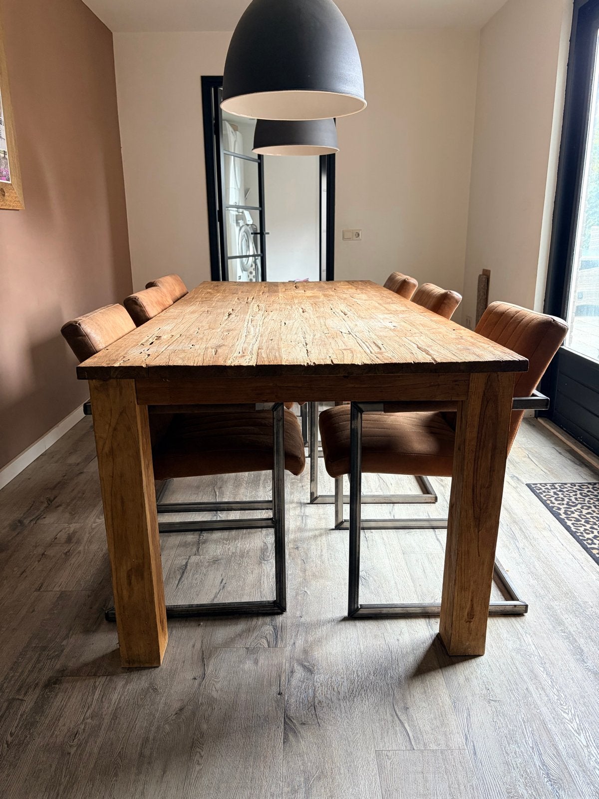 Eettafel met 6 stoelen, TV-kast en fauteuil, Ophalen, Gebruikt, 100 tot 150 cm, 200 cm of meer