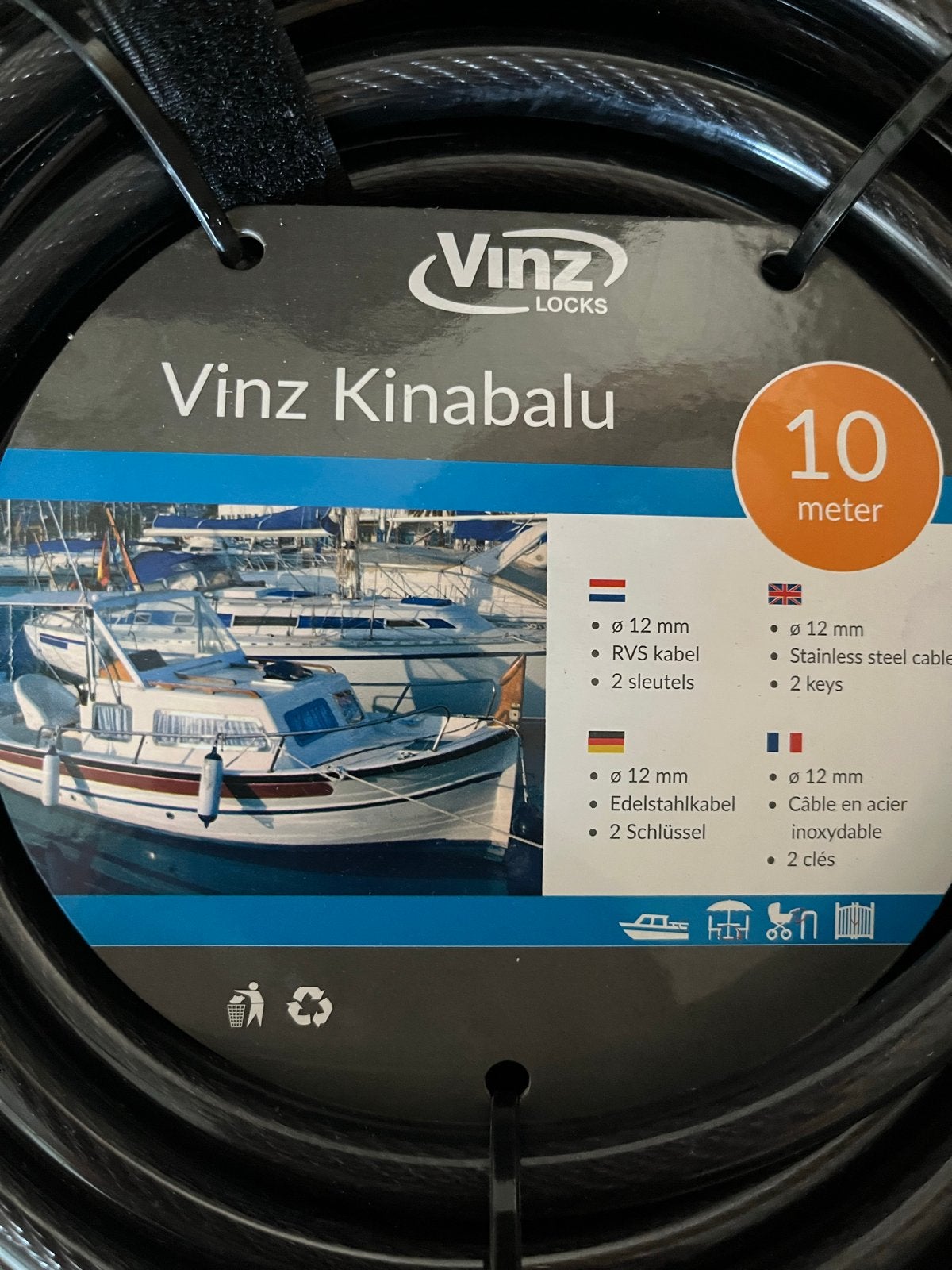 Vinz Kinabalu Kabelslot - 10 meter - RVS kabel, Ophalen of Verzenden, Nieuw