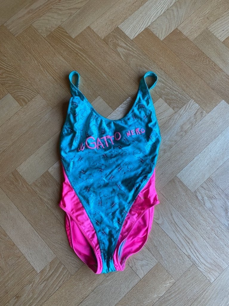 Badpak met katten, groen met roze, mt 36, Ophalen of Verzenden, Zo goed als nieuw, Groen, Badpak