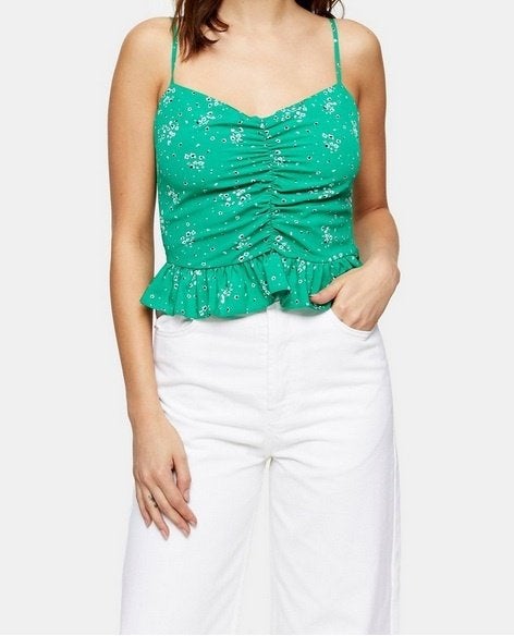Green floral print top (TOPSHOP), Nieuw, Ophalen of Verzenden, Zonder mouw, Maat 34 (XS) of kleiner