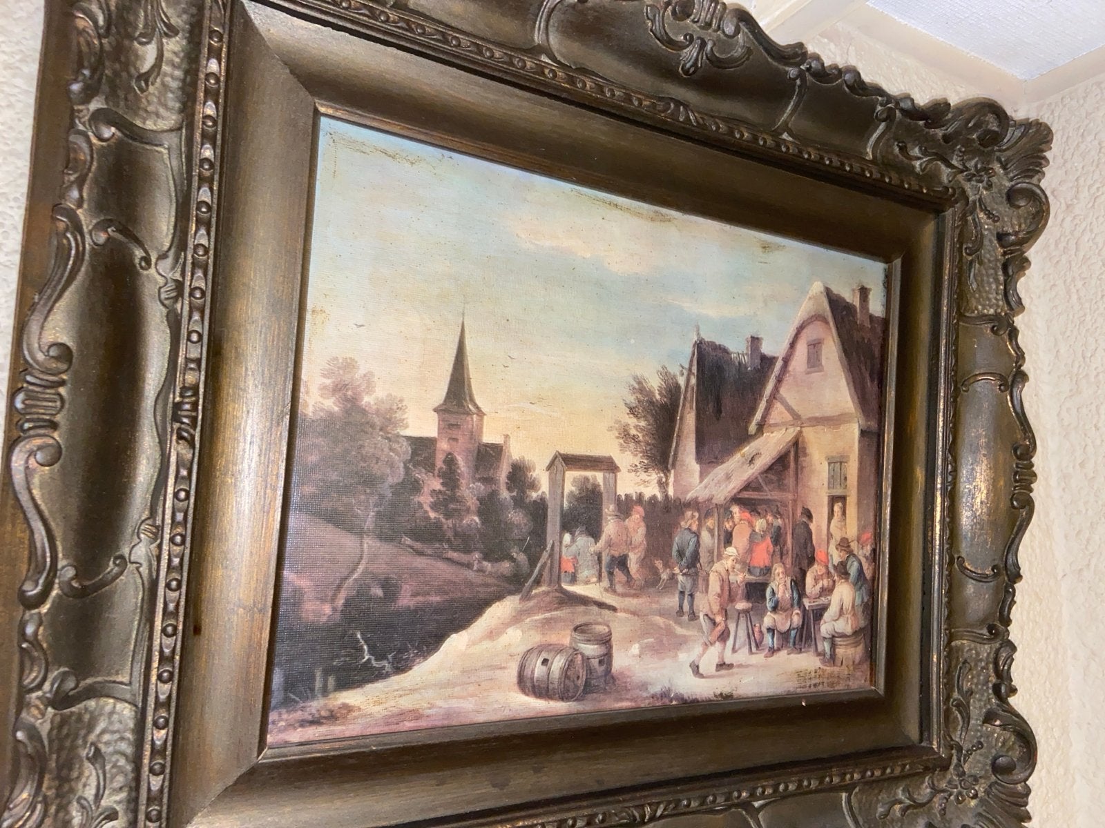 Oud Hollands dorpsgezicht met kerk en levendige herberg, Ophalen, Paneel, Handgeschilderd, Olieverf