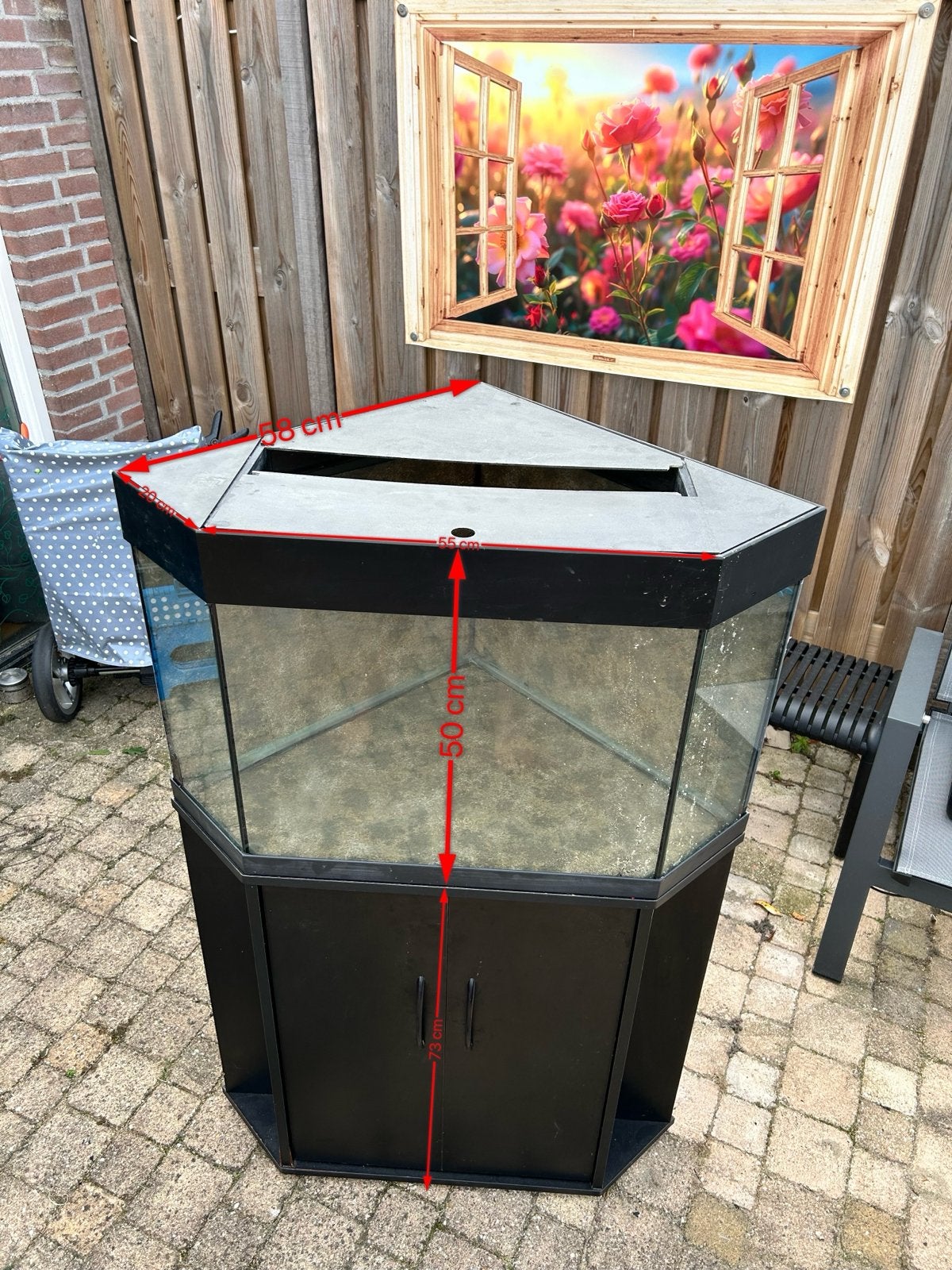 Hoek-/panorama aquarium met kast – 55  58 cm, Dieren en Toebehoren, Ophalen, Gebruikt, Leeg aquarium, Juwel