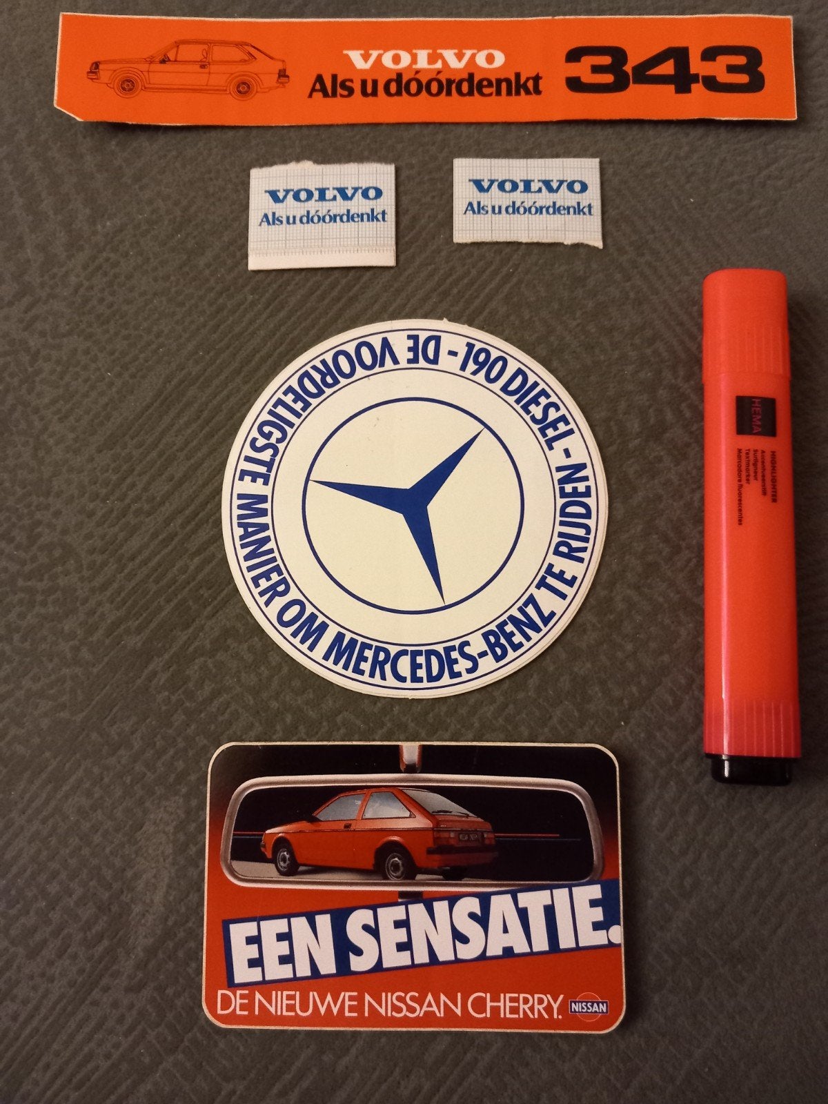 stickers mercedes-benz 190 diesel, Nissan cherry, volvo 343, Verzamelen, Ophalen of Verzenden, Gebruikt, Auto's