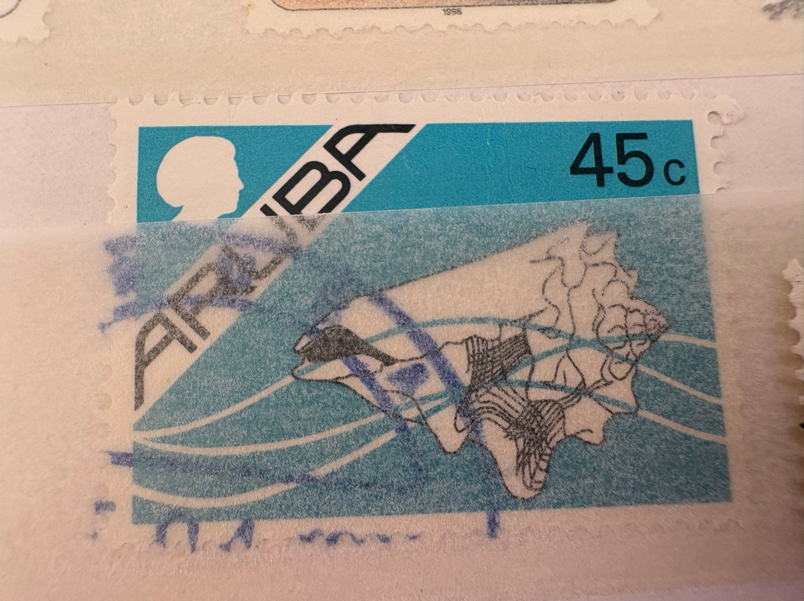 Aruba 45c postzegel met schelp en poststempel, Verzamelen, Ophalen of Verzenden, 1980 tot heden, Gelopen, Buiten Europa