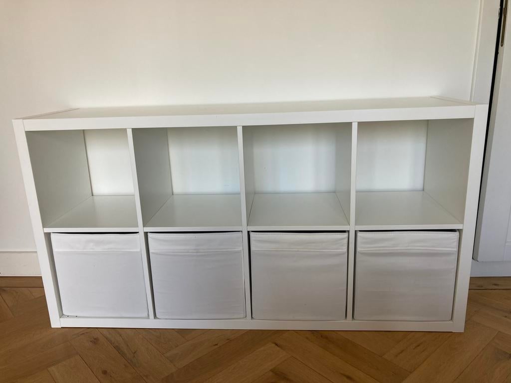 Ikea Kallax kast, 2 x 4, wit inclusief opvouwbare bakken, Ophalen, Gebruikt, 50 tot 100 cm, 150 tot 200 cm