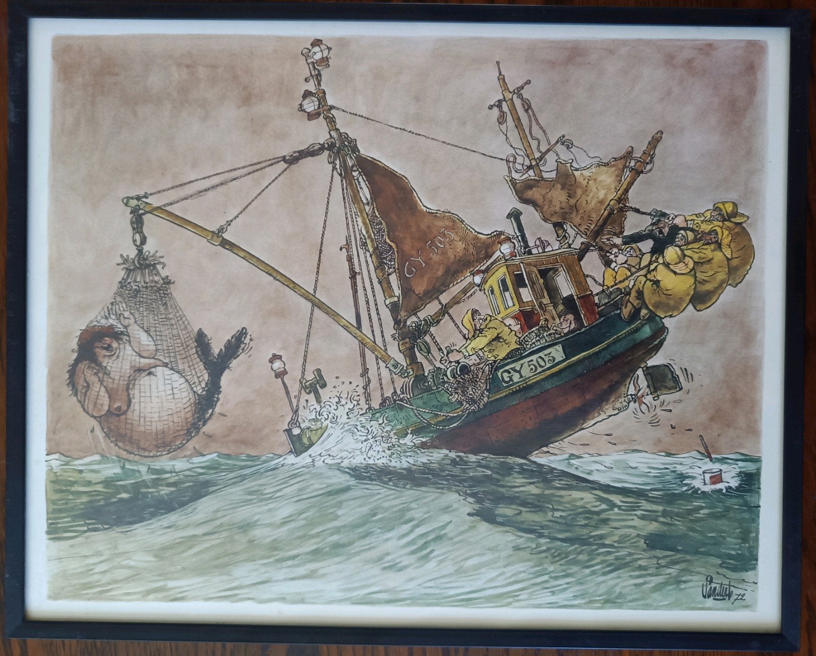 Twee komische prenten van J. Sanders (1971/1972) in lijst, Antiek en Kunst, Kunst | Tekeningen en Foto's, Ophalen of Verzenden