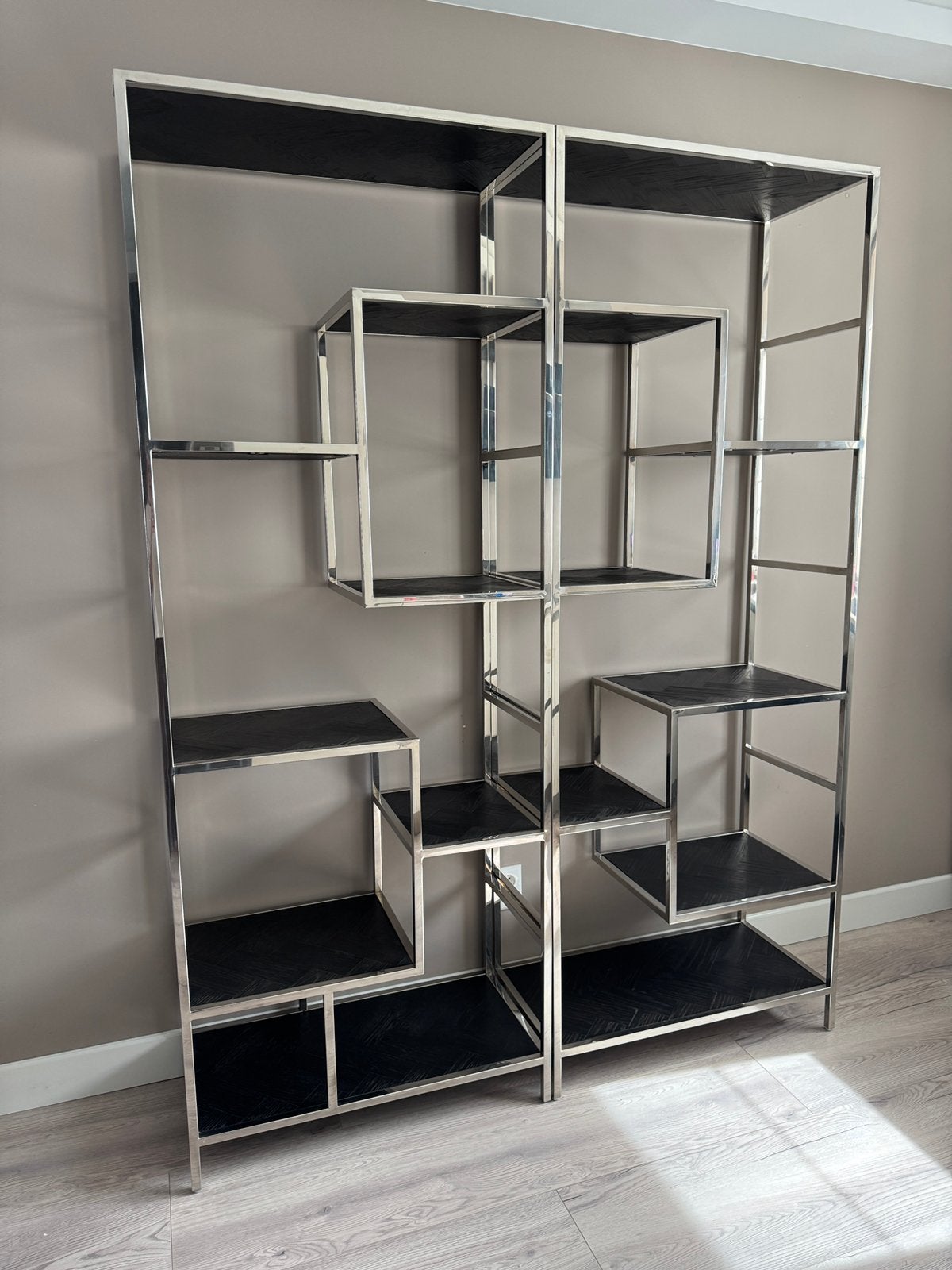 Richmond Interiors Boekenkast Set - Zwart Hout & Chroom, Huis en Inrichting, Kasten | Boekenkasten, Ophalen, Met plank(en), 200 cm of meer