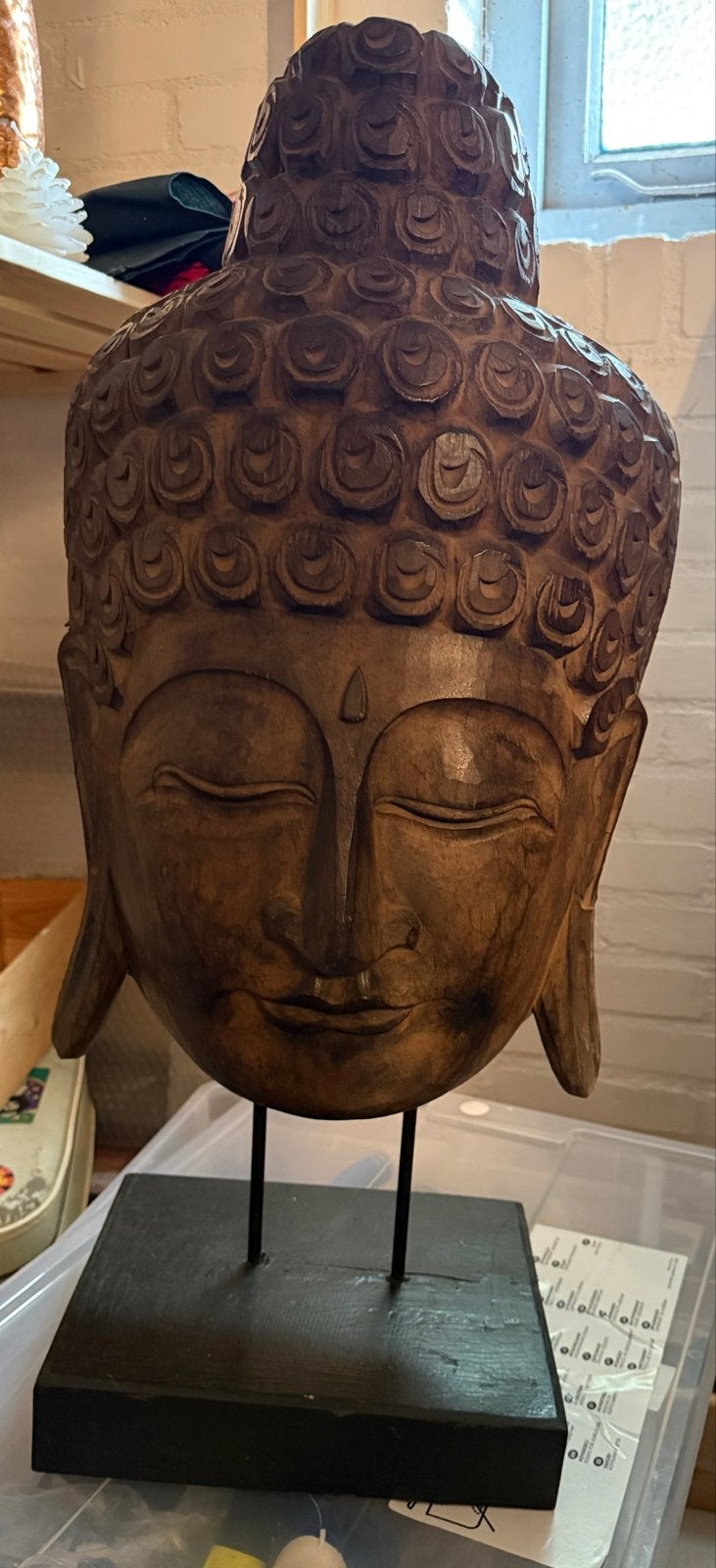 Grote houten Boeddha Hoofd op Sokkel - Handgesneden, Antiek en Kunst, Kunst | Beelden en Houtsnijwerken, Ophalen, Overige onderwerpen