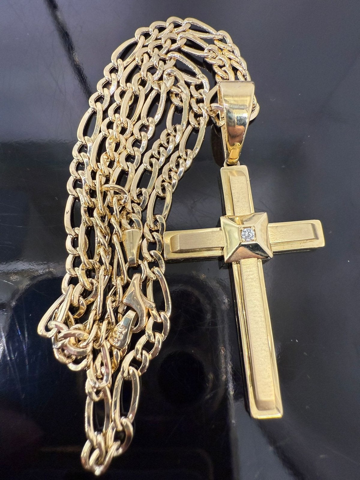 14k gouden figaro ketting met kruis hanger, Sieraden, Tassen en Uiterlijk, Kettingen, Met hanger, Nieuw, Ophalen of Verzenden