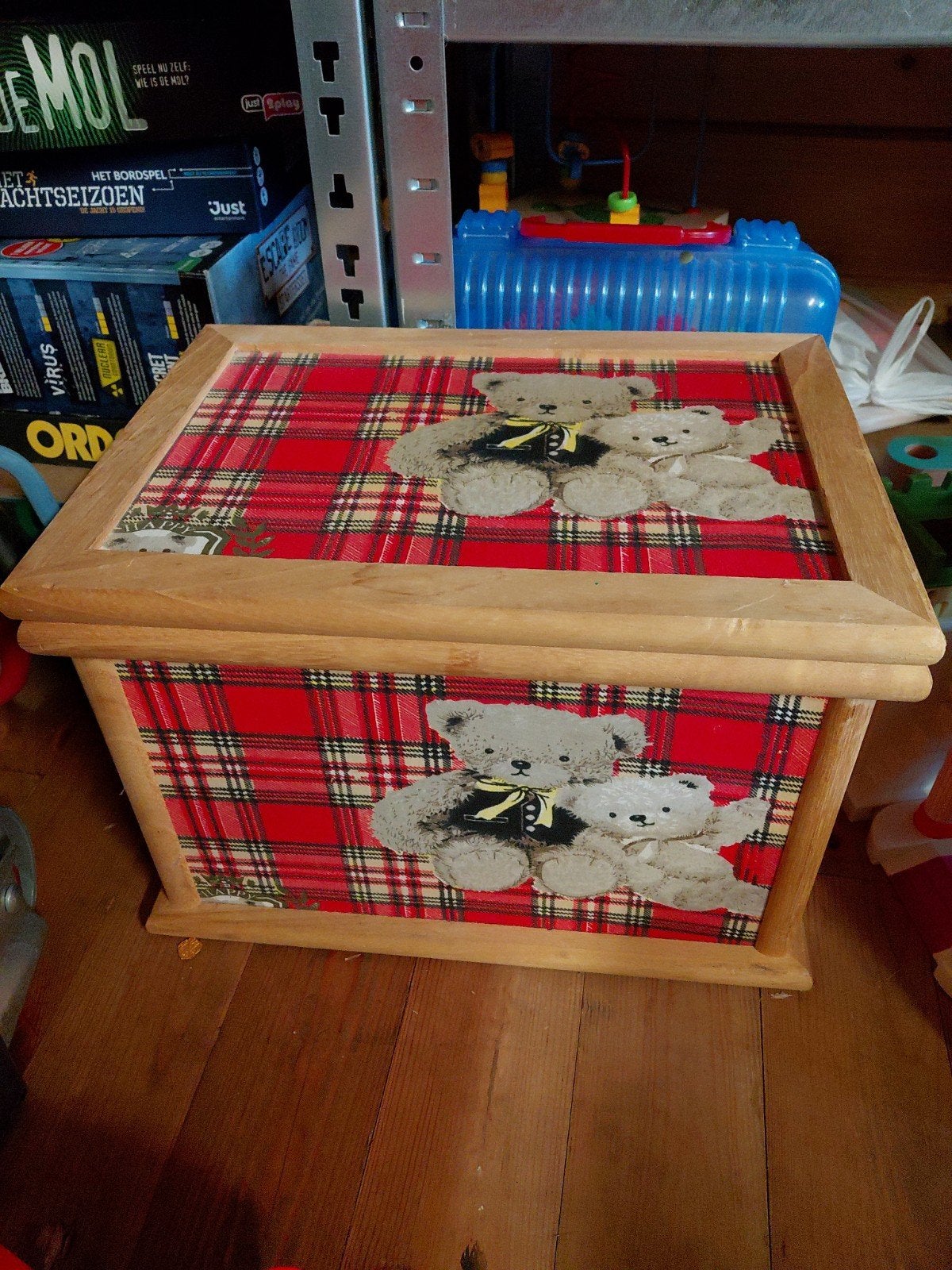 Houten opbergkist met teddybeer print, Kinderen en Baby's, Ophalen of Verzenden, Gebruikt, Jongen of Meisje
