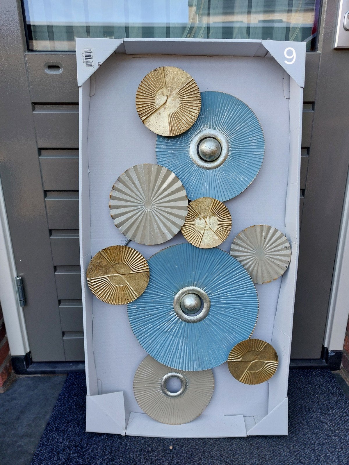 Moderne 3D wanddecoratie met cirkels - Blauw, goud, grijs, Ophalen, Metaal, Meerkleurig, Modern
