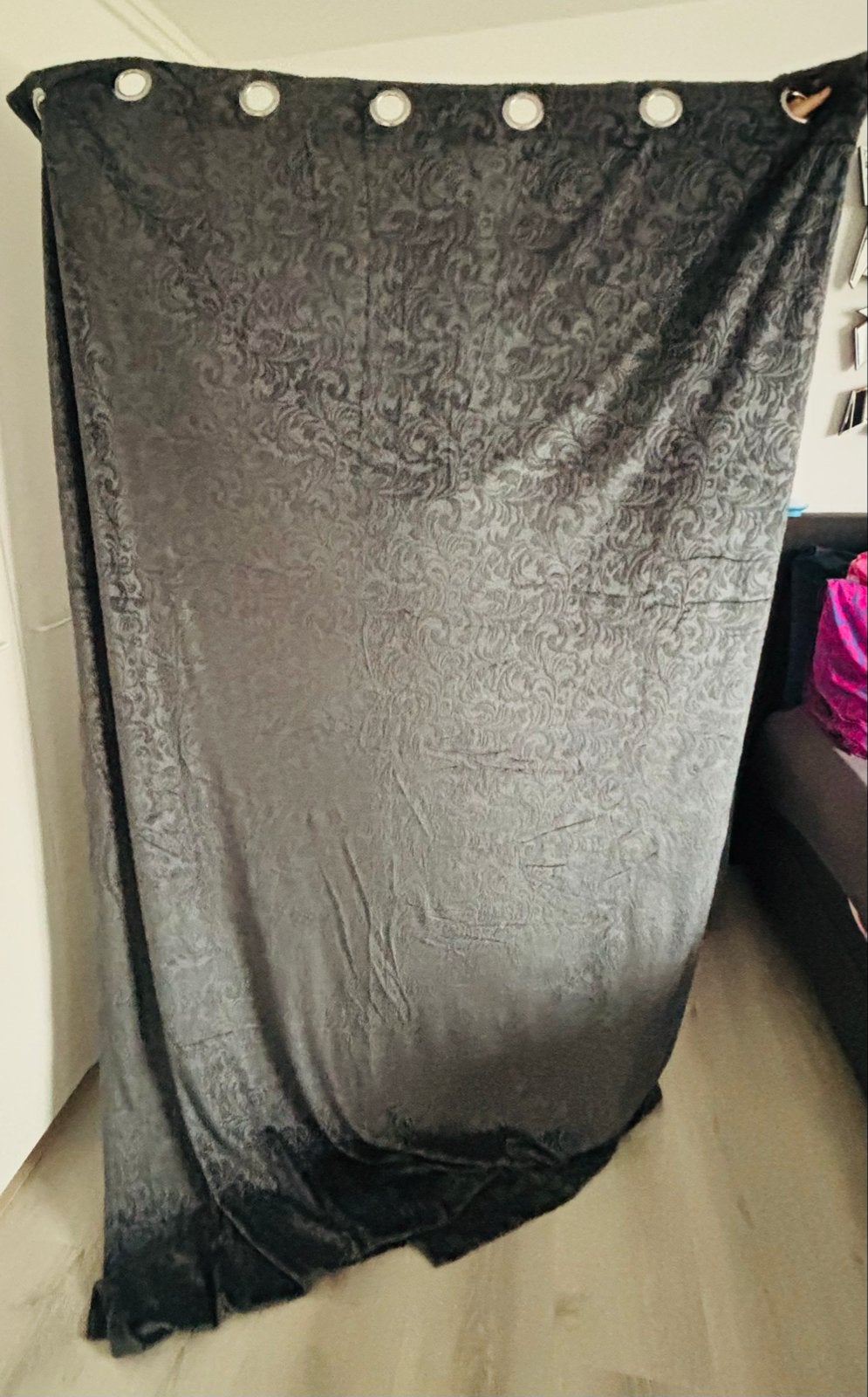 Luxe Donkergrijze Verduisterende Gordijnen met Barok Patroon, 100 tot 150 cm, 200 cm of meer, Ophalen of Verzenden, Zo goed als nieuw
