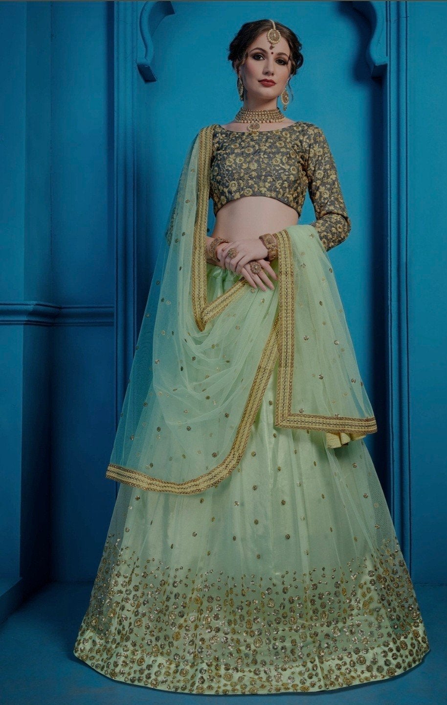 Prachtige Indiase Lehenga Choli - Lichtgroen met goud, Kleding | Dames, Gelegenheidskleding, Maat 38/40 (M), Overige typen, Ophalen of Verzenden