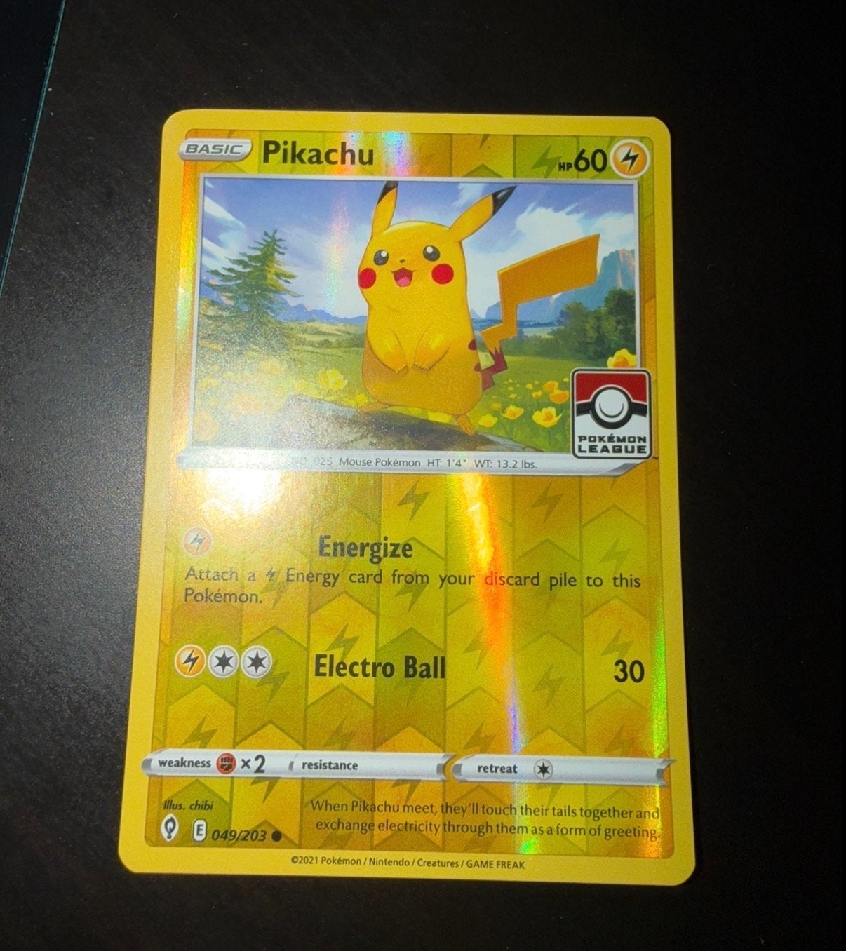 Pikachu League Stamped 049/203 –Evolving Skies Pokémon Promo, Ophalen of Verzenden, Zo goed als nieuw, Losse kaart, Foil