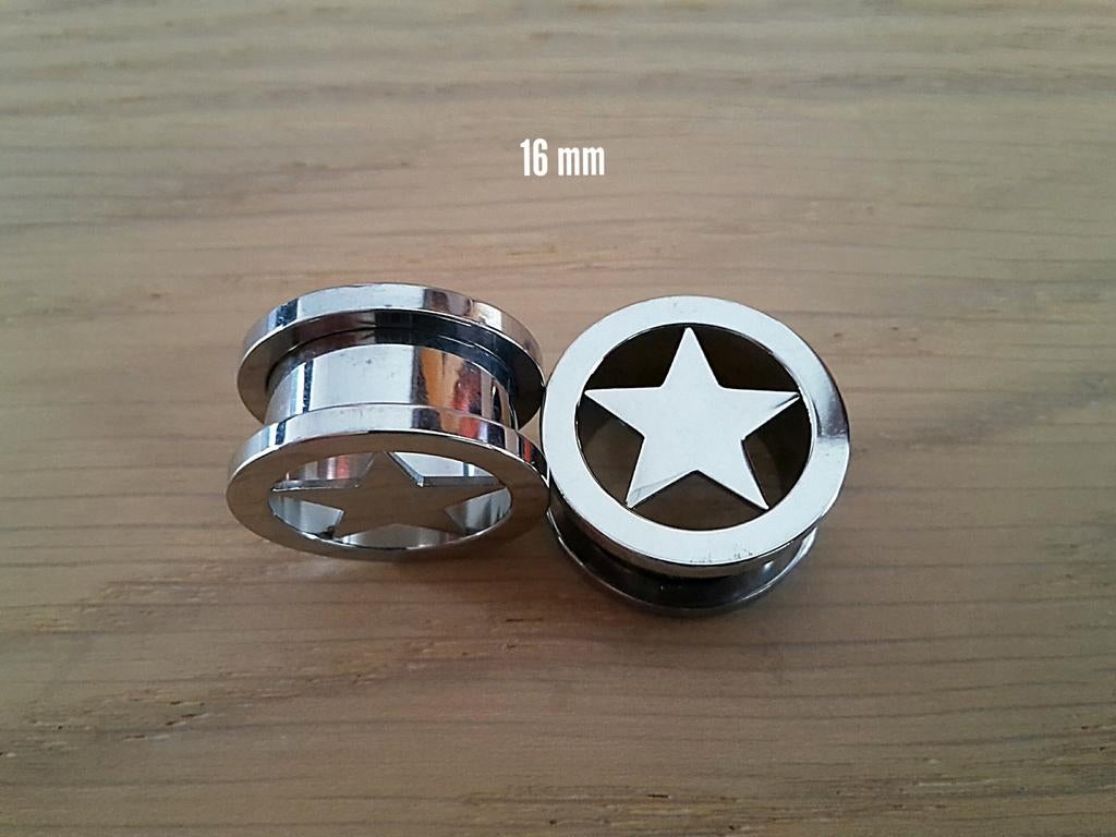 Nieuwe pluggen, tunnels. Staal. Ster. 16 Mm., Ophalen of Verzenden, Zo goed als nieuw, Staal, Oor- of Traguspiercing