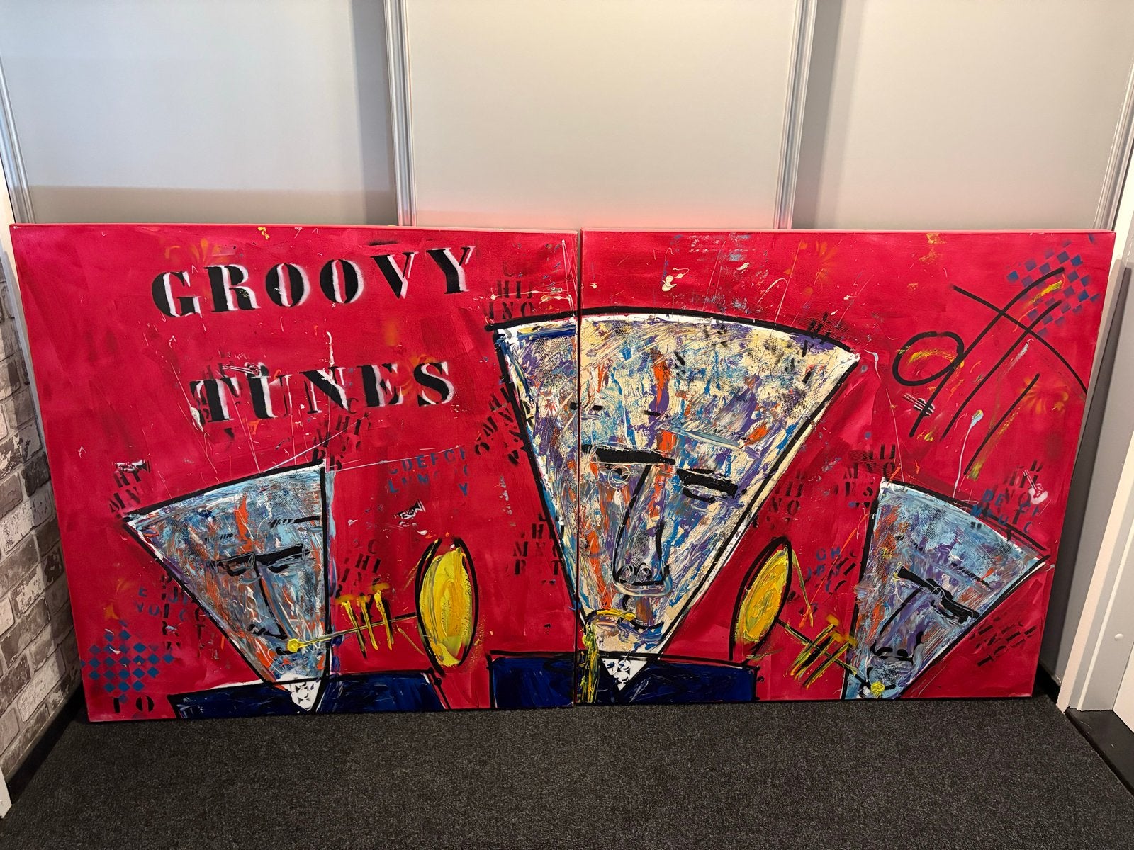 OTTI art Groovy Tunes: Modern Jazz tweeluik op doek, Antiek en Kunst, Acrylverf, Handgeschilderd, Ophalen of Verzenden, Muziek