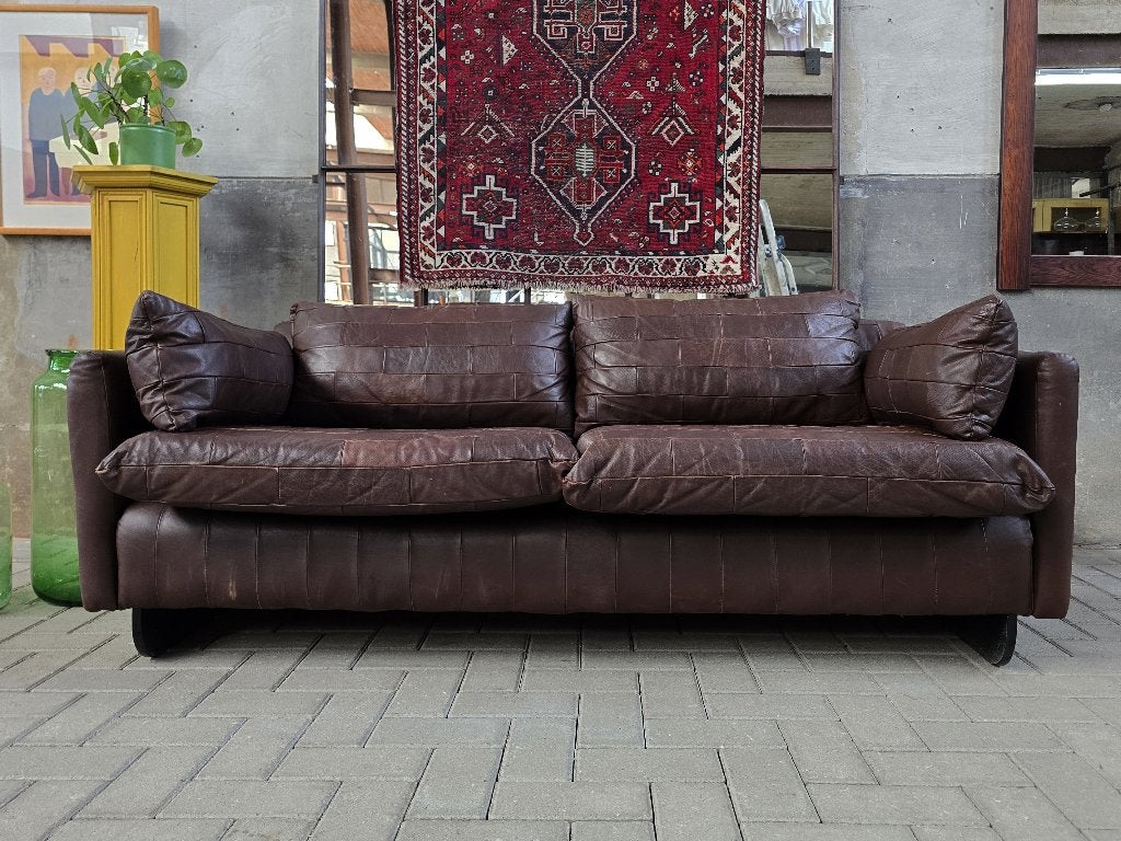 Mid Century Design Bank Bruin | Vintage Leren Patchwork Sofa, Huis en Inrichting, Banken | Bankstellen, Metaal, Gebruikt, 150 tot 200 cm
