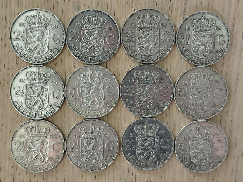 12 Zilveren Juliana rijksdaalders 1959-1963, Postzegels en Munten, Ophalen, Koningin Juliana, 2½ gulden