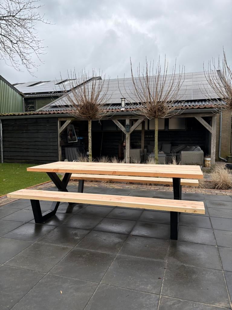 Picknicktafel met stalen X-poot, Tuin en Terras, Picknicktafels, Verzenden, Zo goed als nieuw, Rechthoekig