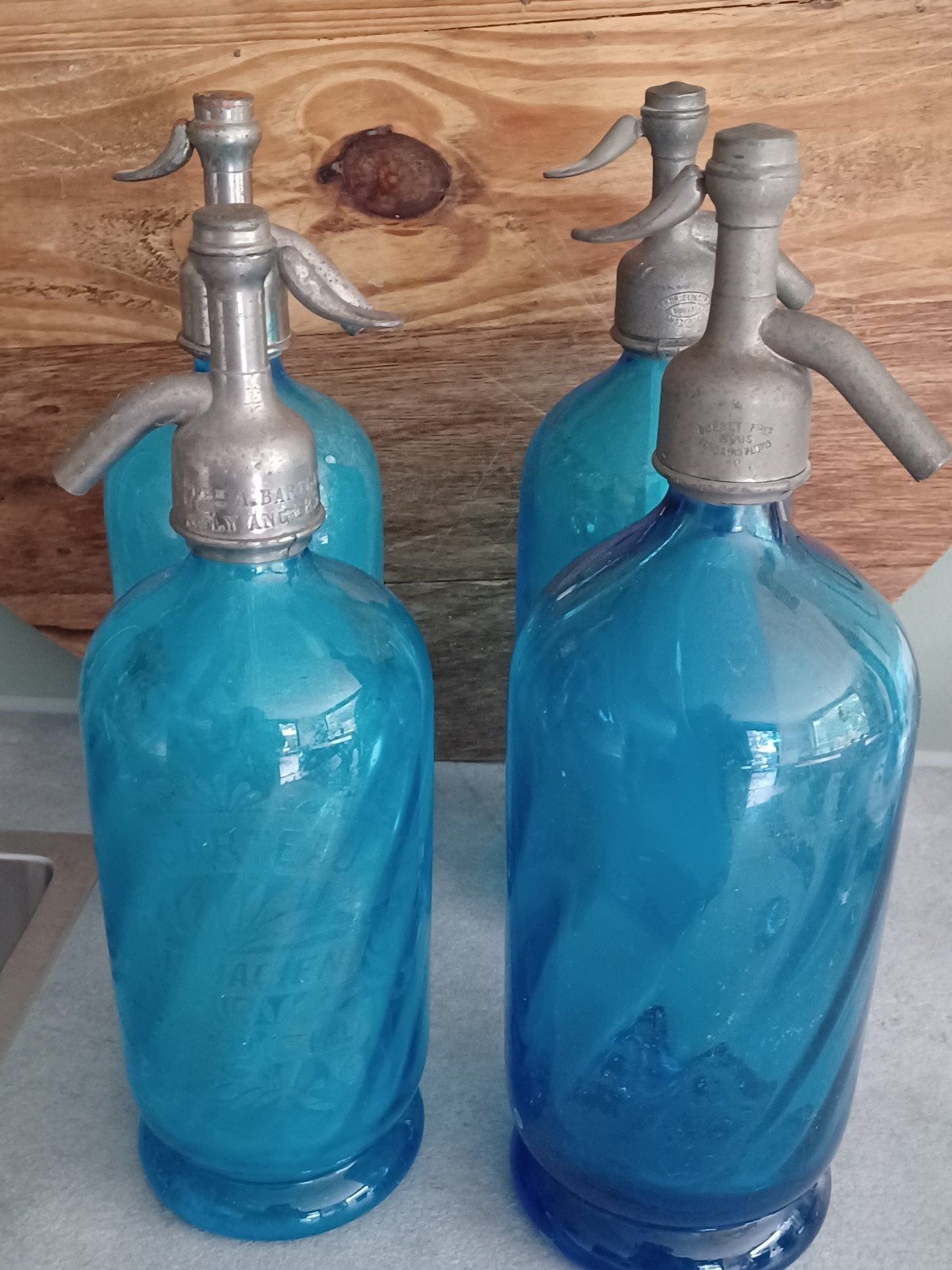 Set van 4 brocante blauwe spuitflessen, Ophalen