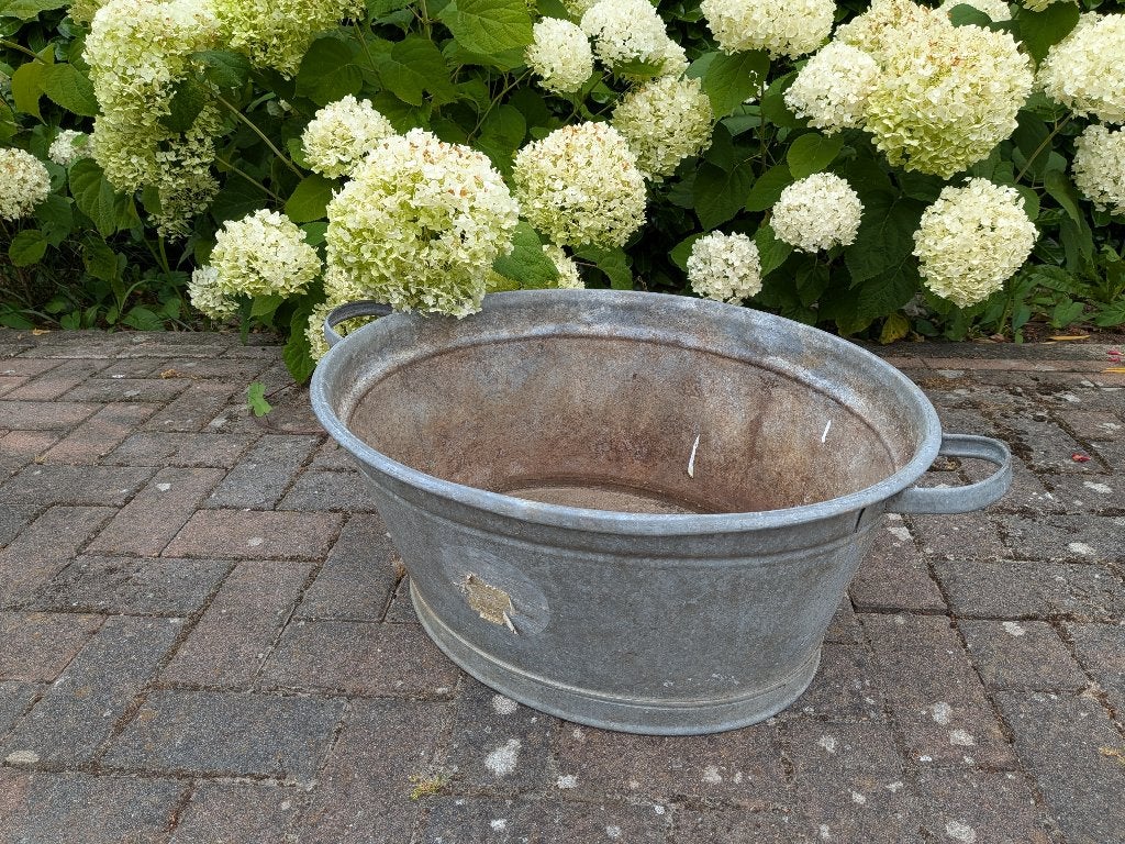 Vintage zinken ovale bak met handvatten - brocante stijl, Ophalen