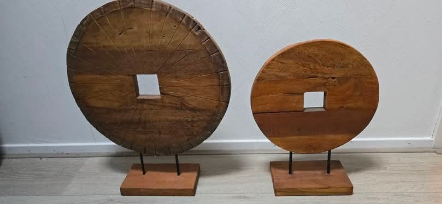 Set van 2 houten decoratieve schijven op standaard, Ophalen