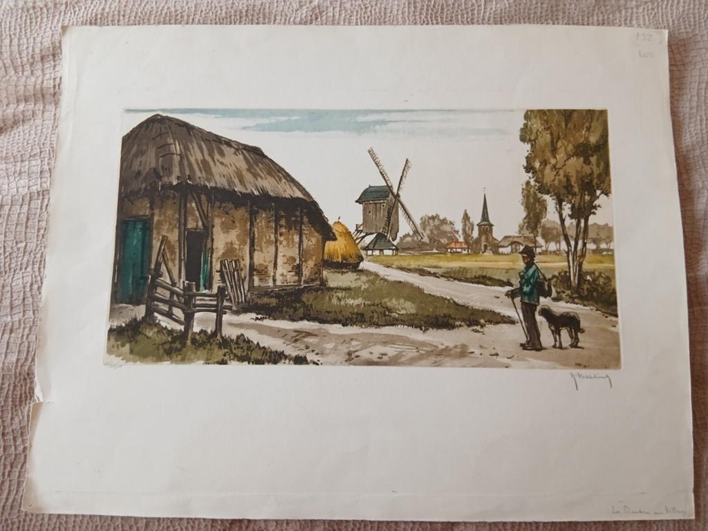 Ets Roger Hebbelinck - la Rentree au Village, Antiek en Kunst, Ophalen of Verzenden, Landschap, Ets, Origineel