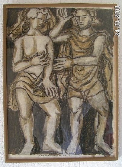 Hubert Bekman Adam en Eva Acryl verf uit 1964 met lijst NHS, Acrylverf, Portret of Personen, Ophalen of Verzenden, Klassiek