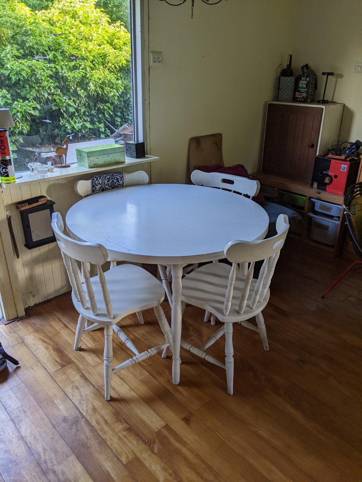 Vintage witte ronde eettafel hout jaren 90, Huis en Inrichting, Tafels | Eettafels, Ophalen, Gebruikt, Rond, Landelijk, Klassiek