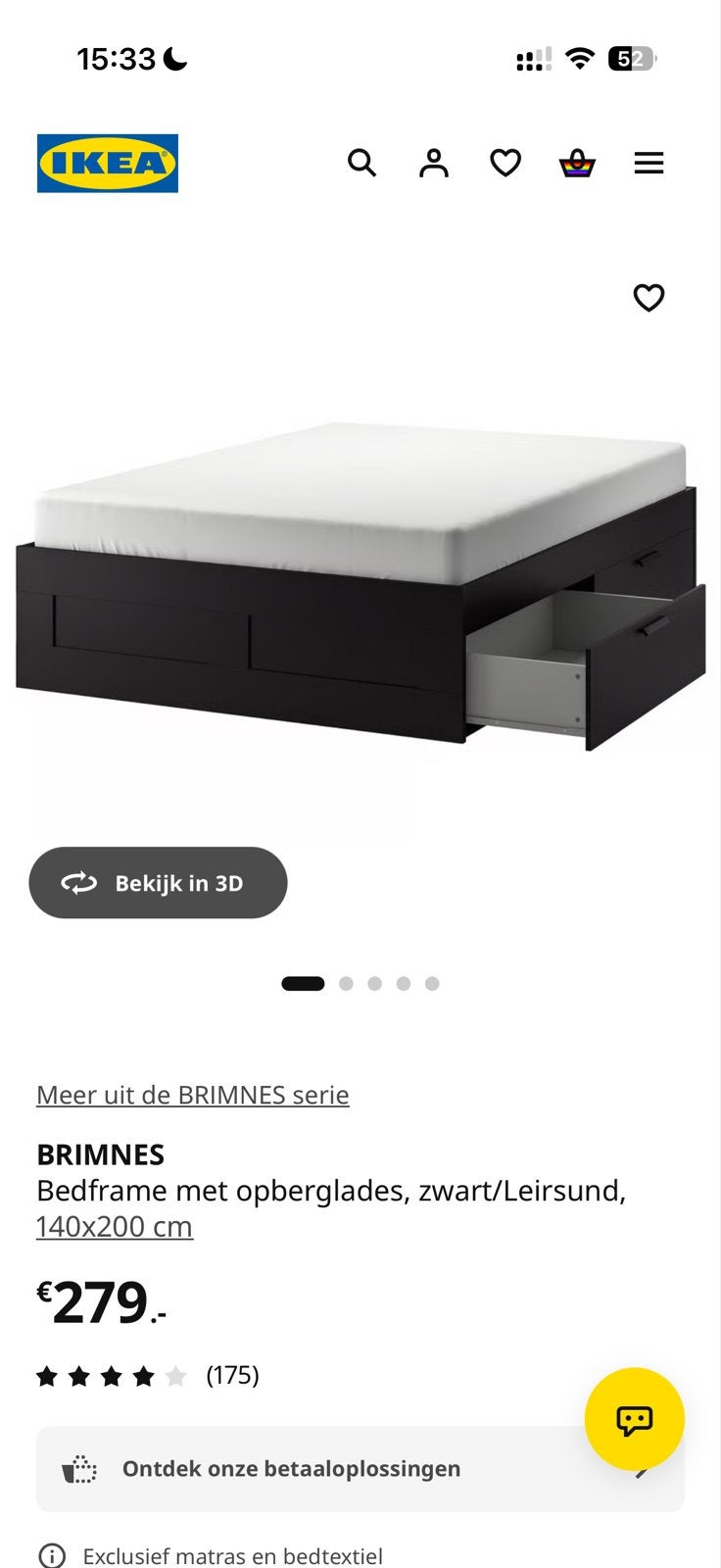 IKEA BRIMNES Bedframe met opberglades + matras, Ophalen, Zwart, 140 cm, Zo goed als nieuw